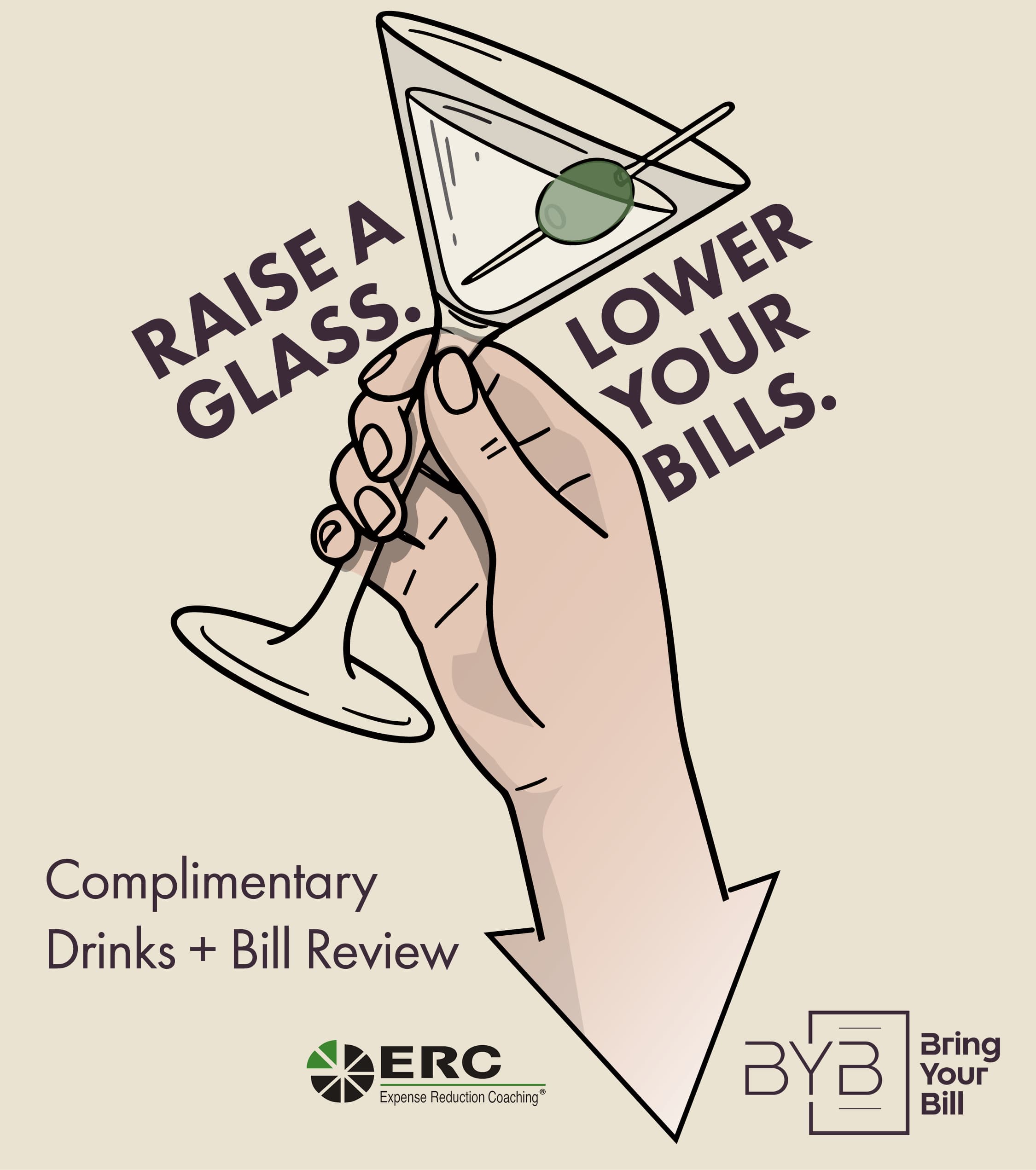 Bring Your Bill happy hour flyer: complimentary drinks and a free business bill review in New Jersey.